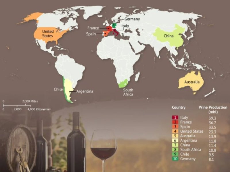 Pháp, Ý, Chile ngày càng gây ấn tượng với sản lượng sản xuất và chất lượng rượu vang cao cấp